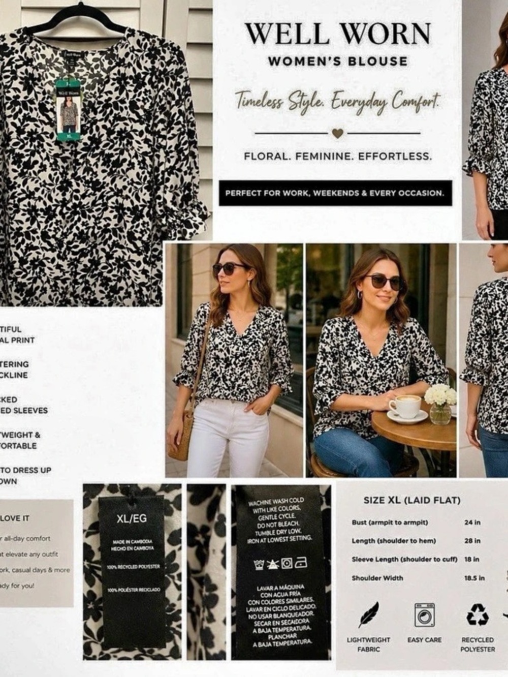 Well Worn Size XL Black White Floral Blouse NWT V-Neck Smocked Quiet Luxury